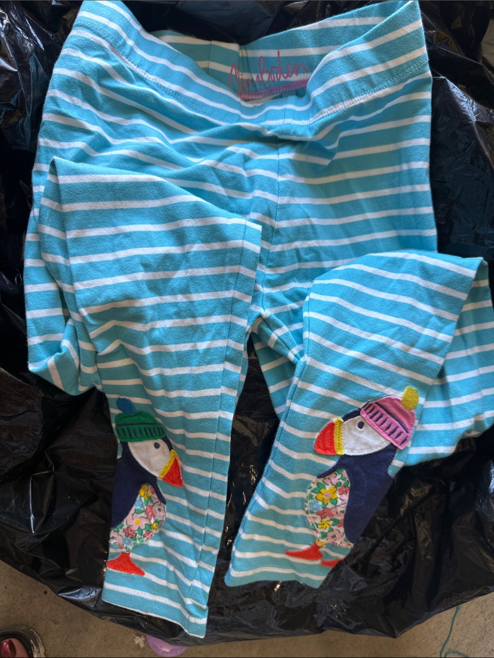Mini Boden Teal & White Striped Leggings with Toucan Appliqués